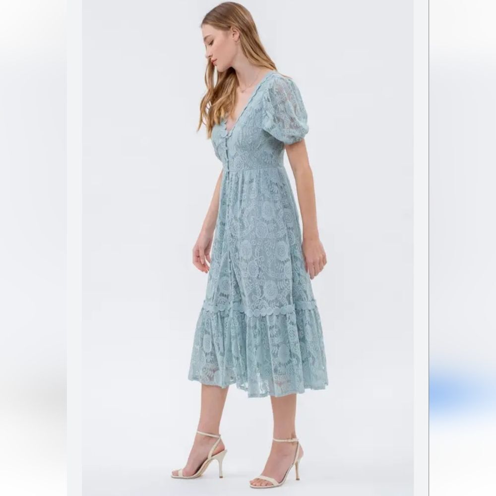 By the River Lace Overlay Blue Ruffle Vneck Feminine Midi Dress Size medium